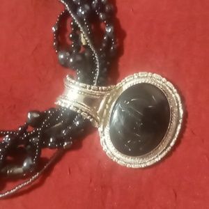 Layered Black glass beaded collar necklace with  black stone pendant in silver